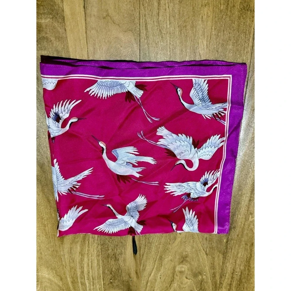 Vintage Pink Flying Cranes Square Neck Scarf Silky 21